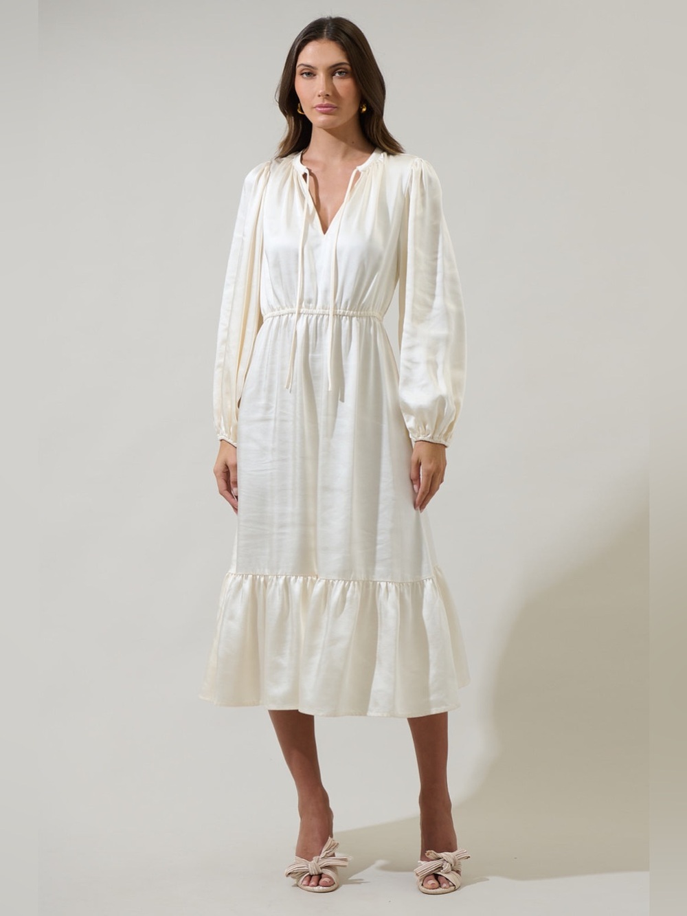 NWT Sugarlips Alexia Satin Balloon Sleeve Midi Dress in Champagne
